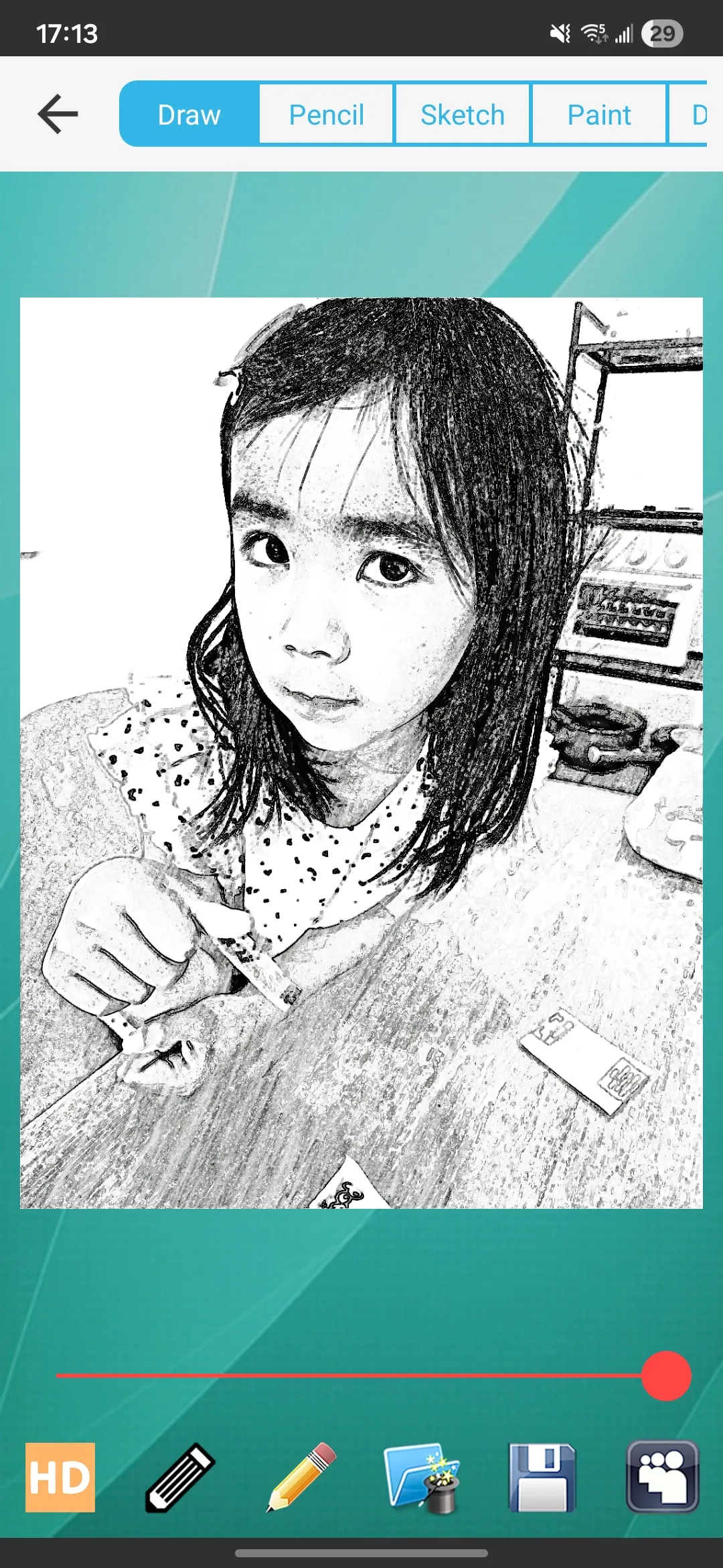 A black and white Pencil Sketch portrait created on Android